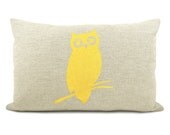 Owl pillow case, Lumbar pillow cover, Colorful, Spring decor - Bright yellow and natural beige owl print pillow cover in 12x18