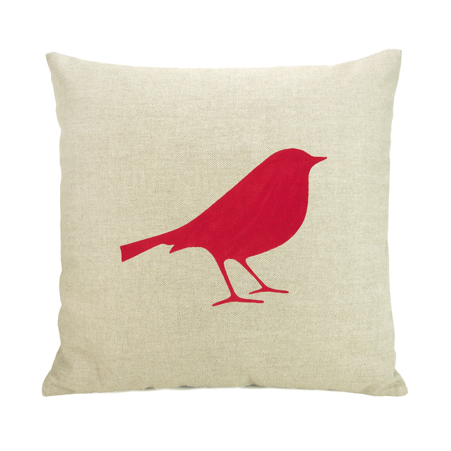 Bird pillow cover -  Red bird print on natural beige canvas throw pillow cover - 16x16 decorative pillow cover - ClassicByNature