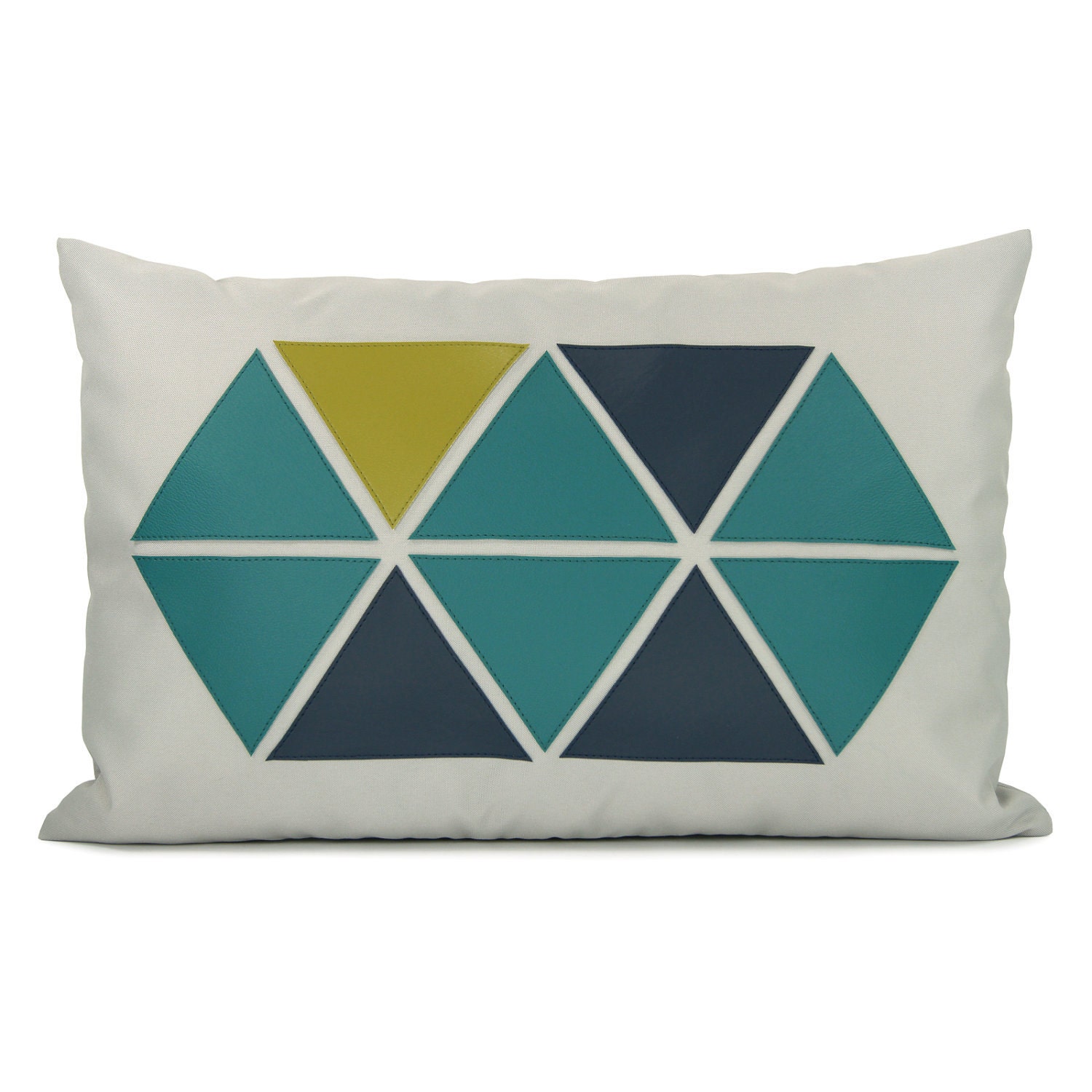 Geometric pillow cover - Apple green, teal & navy blue triangle appliques on grey canvas outdoor pillow cover - 12x18 pillow cover