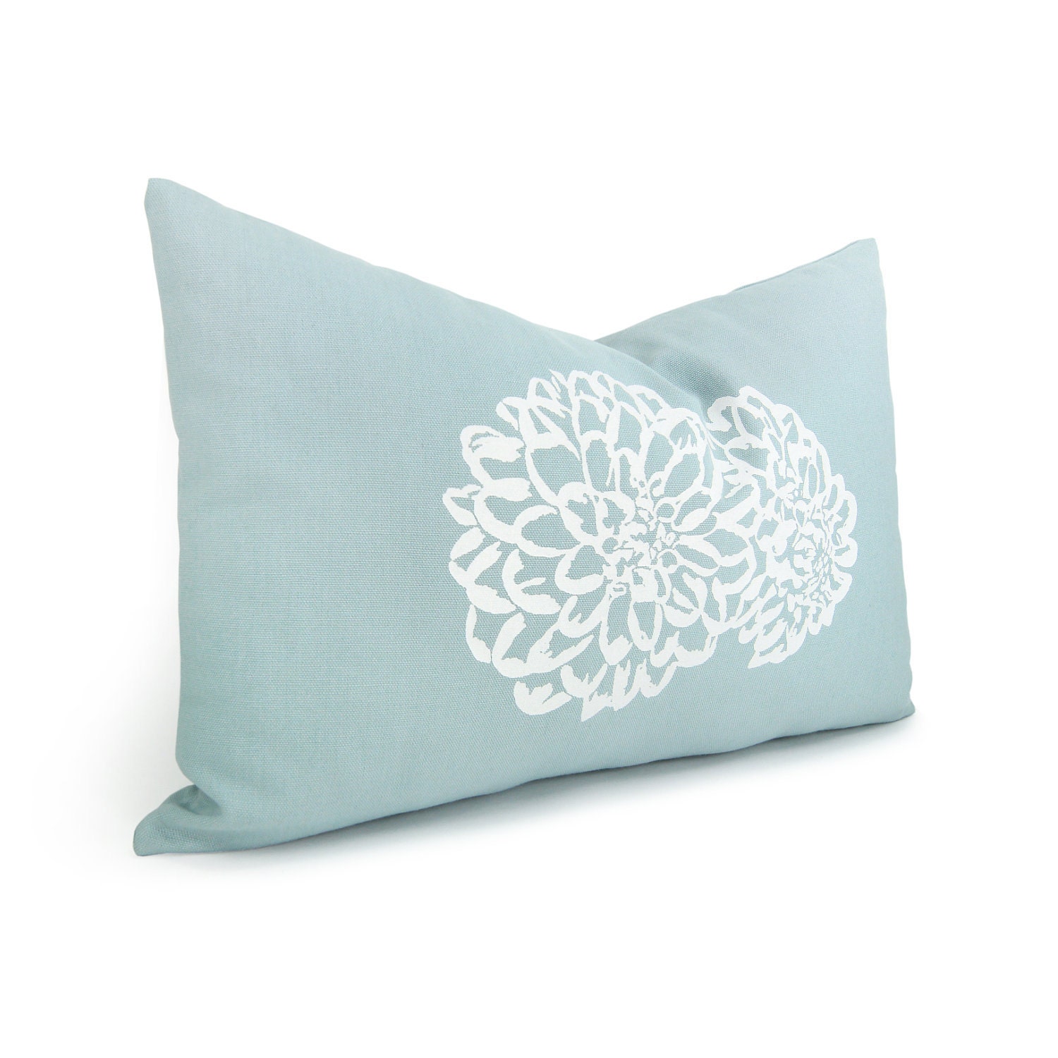 Floral pillow cover - White flowers print on aquamarine blue cotton canvas decorative pillow cover - 12x18 pillow cover - ClassicByNature