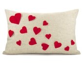 Growing hearts pillow cover - Red felt hearts applique on natural beige canvas accent pillow cover - 12x18 lumbar pillow cover