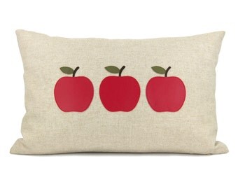 Decorative throw pillow for couch, Cottage chic, Pillow cover - Apple applique pillow cover in re and natural - 12x18 lumbar pillow cover