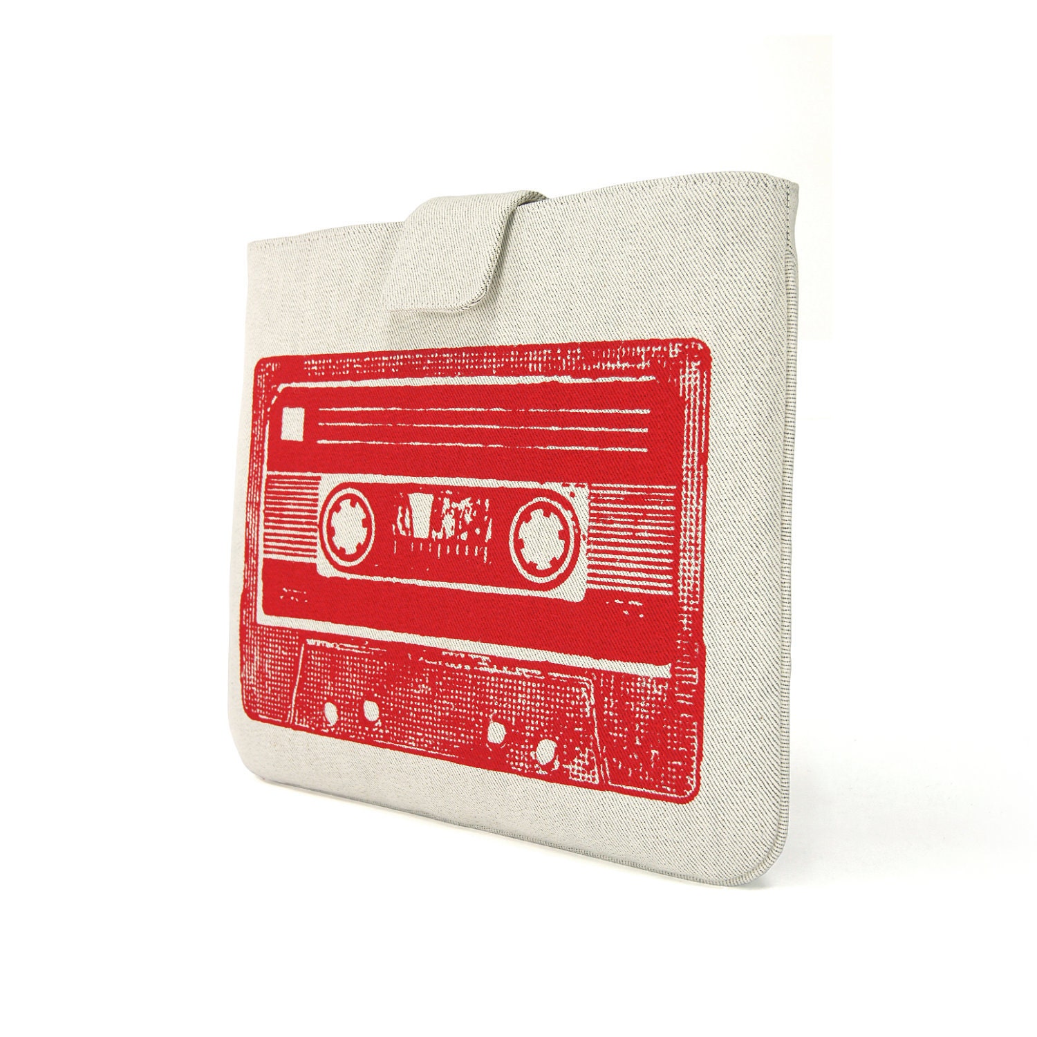 IPad case, Padded ipad sleeve, Tablet sleeve - Red retro cassette mix tape on light grey denim look for iPad 1, iPad 2 and new iPad