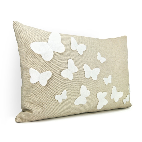 Growing butterflies pillow case - White felt butterfly appliques on natural beige canvas accent pillow cover - 12x18 pillow cover