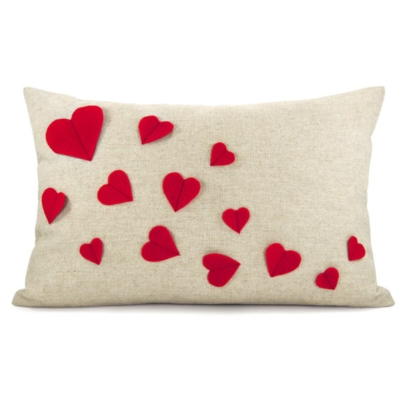 Growing hearts pillow cover - Red felt hearts applique on natural beige canvas accent pillow cover - 12x18 lumbar pillow cover