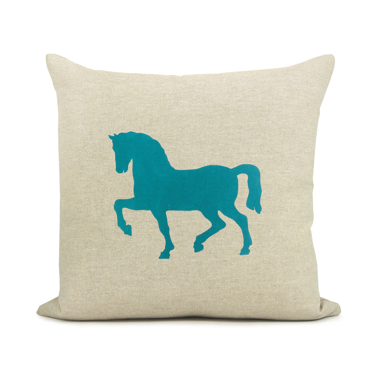 Horse pillow cover - Teal blue horse print on a natural beige canvas front and zebra print back - 16x16 decorative pillow cover