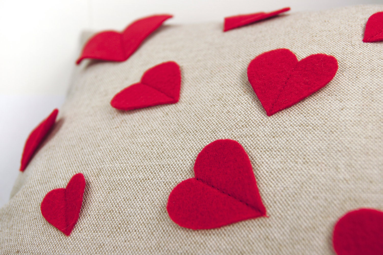 Growing hearts pillow cover - Red felt hearts applique on natural beige canvas accent pillow cover - 12x18 lumbar pillow cover