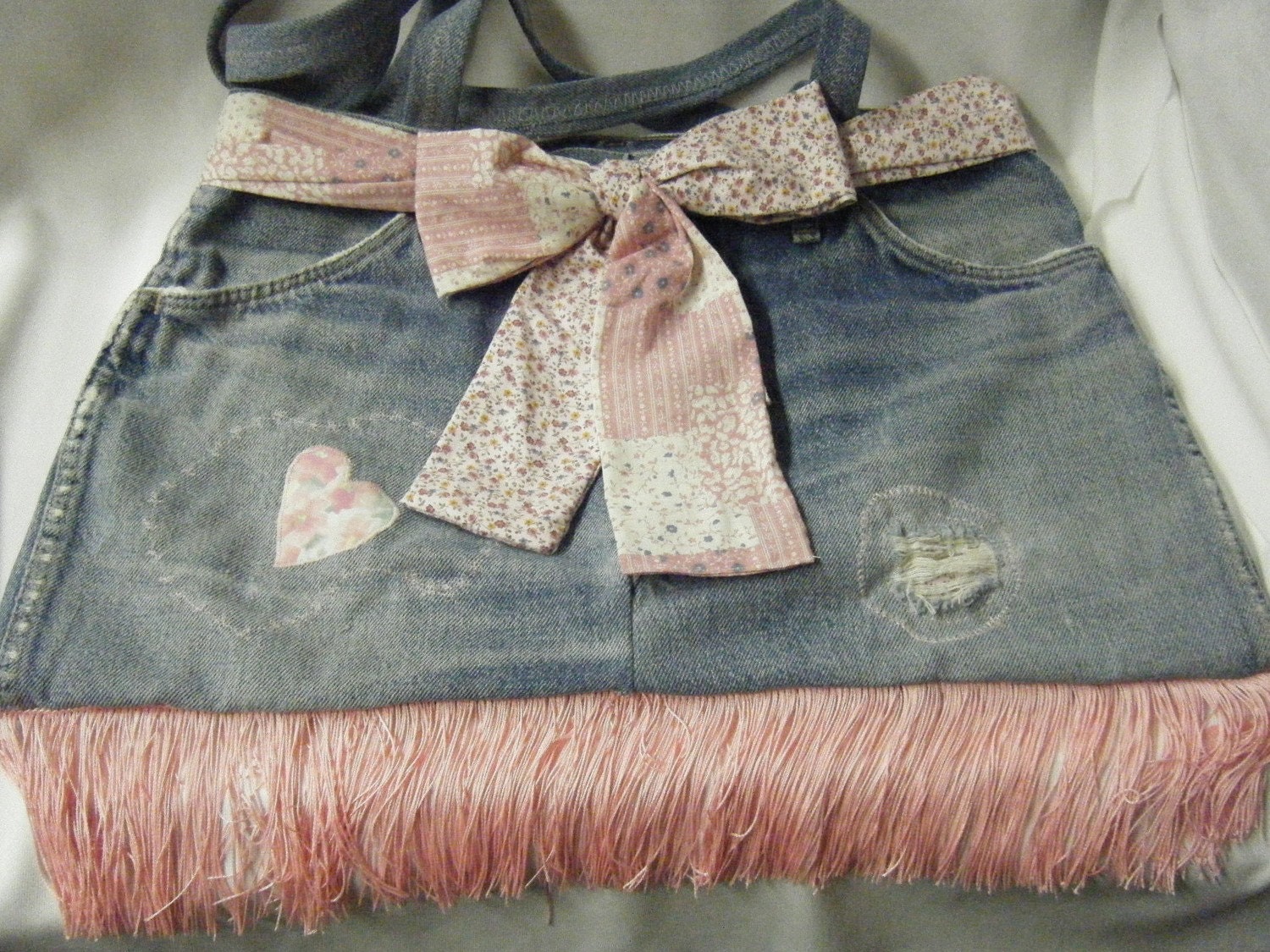 PURSE TOTE  Repurposed DENIM Blue Jean Diaper Book Bag,  Pink  Fringe,  Pink Calico