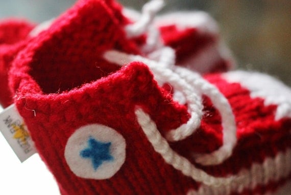 Unique baby boy gift - Red Converse Inspired Baby Booties for boys or punk baby girls, knitted