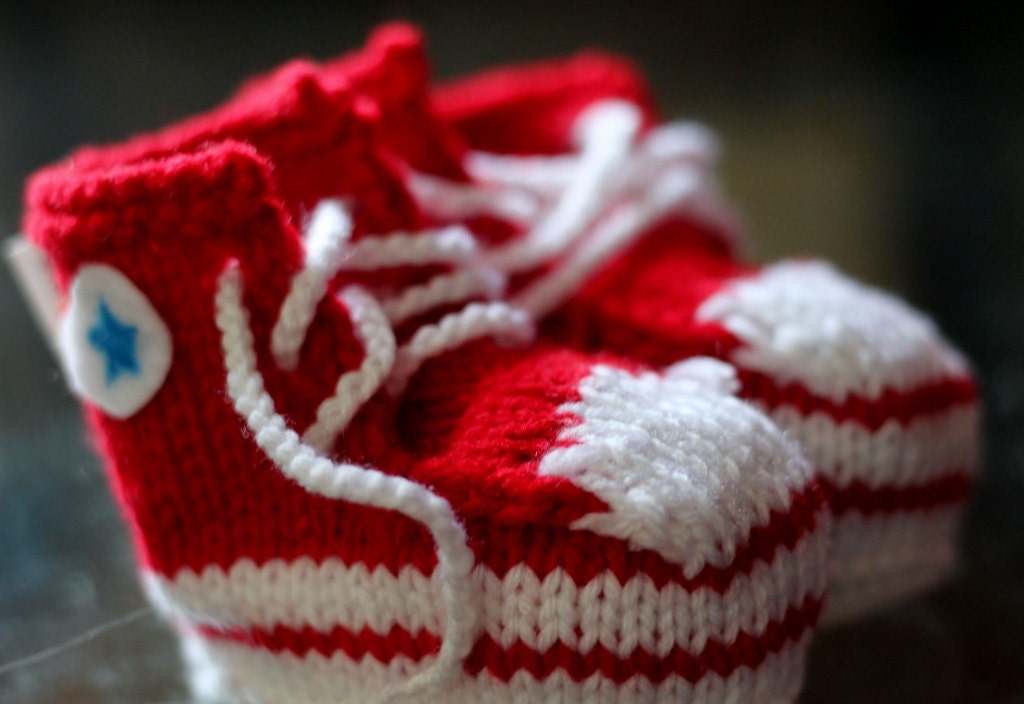 Unique baby boy gift - Red Converse Inspired Baby Booties for boys or punk baby girls, knitted