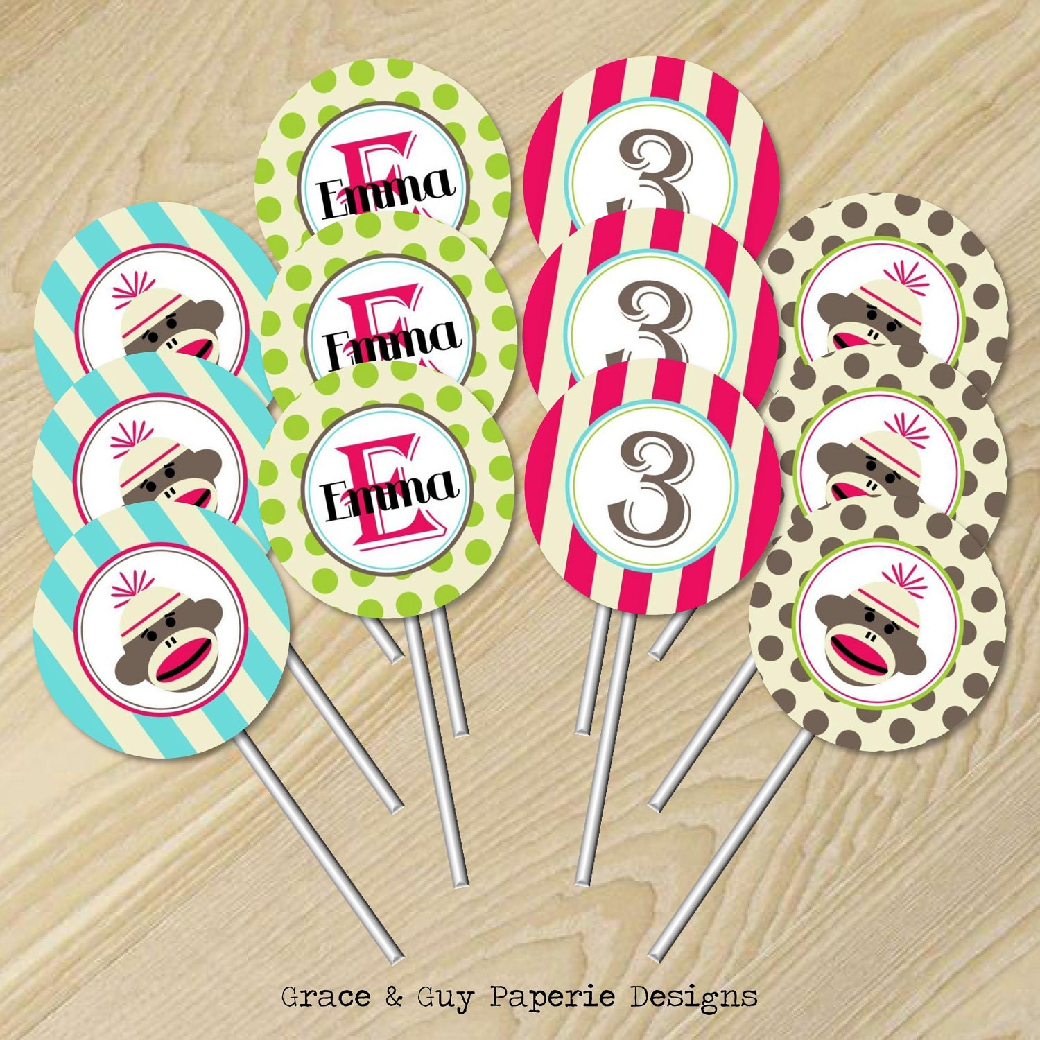 Printable 2" Craft Circle Design - Vintage Girly Sock Monkey Birthday Collection