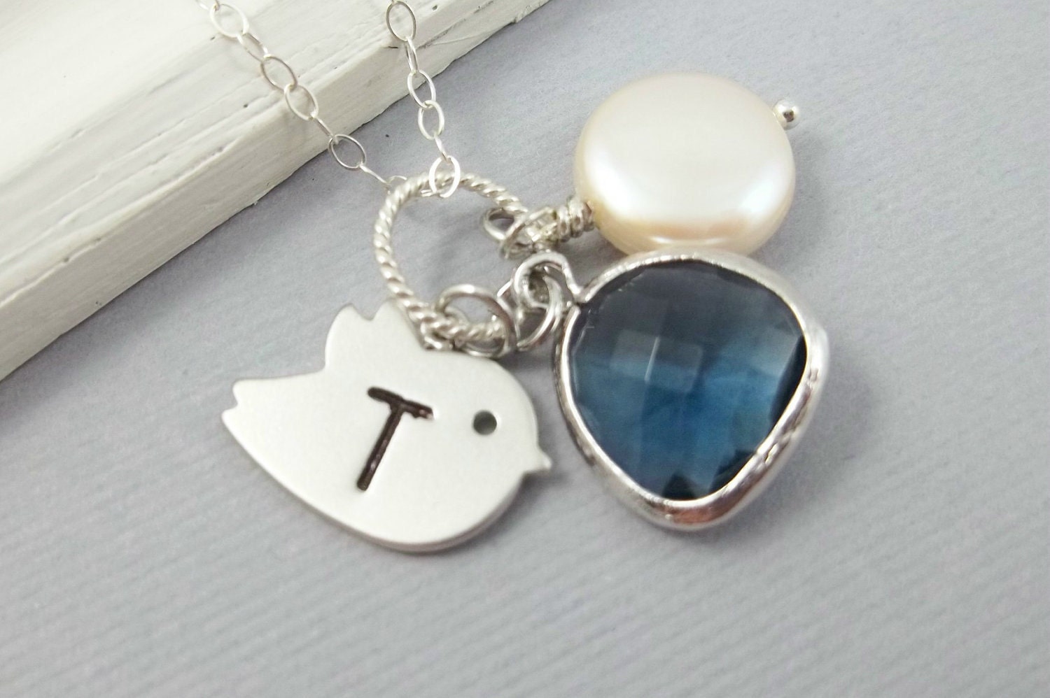 Silver Bird Necklace - Personaliized Hand Stamped Charm, Blue Sapphire and Freshwater Pearl, Gift Idea