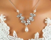 Dangling Orchid Necklace, Triple Orchids Flowers, Bridal Jewelry, Orchid Charm Necklace,Wedding Jewelry, Bridesmaid Gifts Pearl Necklace