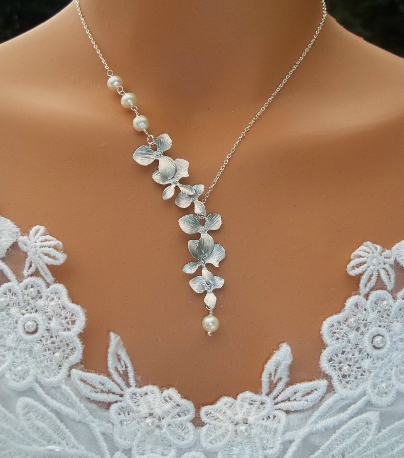 Silver Orchid Necklace - Pearl Necklace . Wedding Jewelry . Bridal Necklace . Orchid Flower . Bridesmaid Gifts . Bridesmaid Necklace