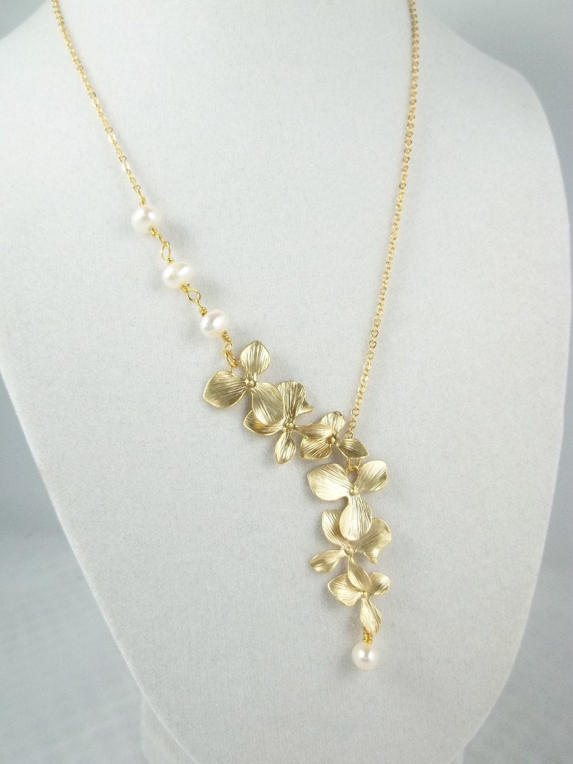 Freshwater Pearls And Gold Orchid Cascade Necklace Wedding, Bride, Bridesmaids Gift