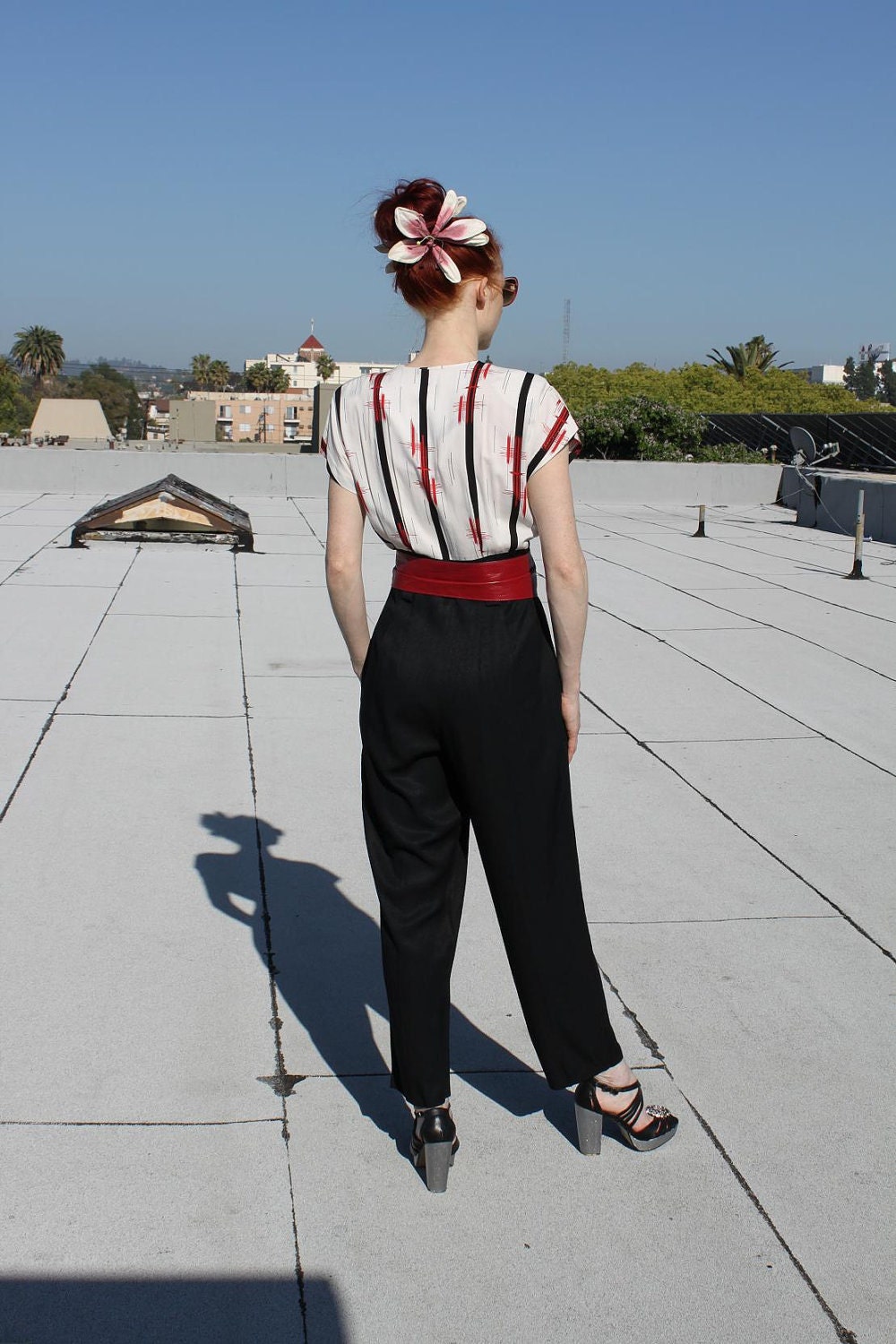 1980s Black White and Red Jumpsuit. Size US 6
