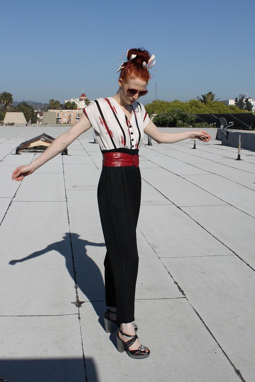 1980s Black White and Red Jumpsuit. Size US 6