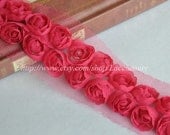 Hot Pink 2 Row Chiffon White 3D Roses Lace Trim 1.18 Inches Wide 2 Yards