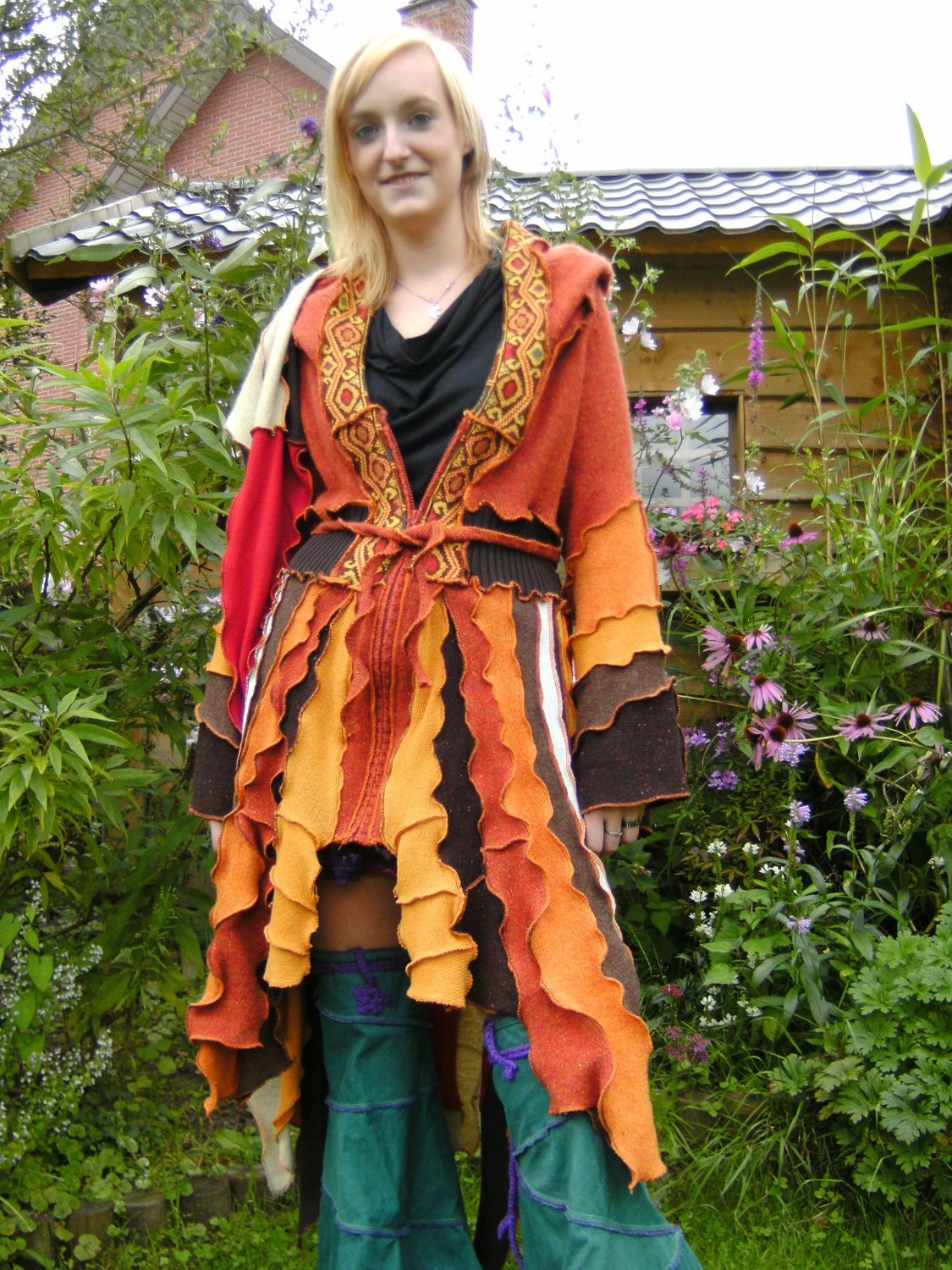 brown orange sweater coat elf jacket jumper pixie sweater goa hoodie festival gypsy vest reconstructed