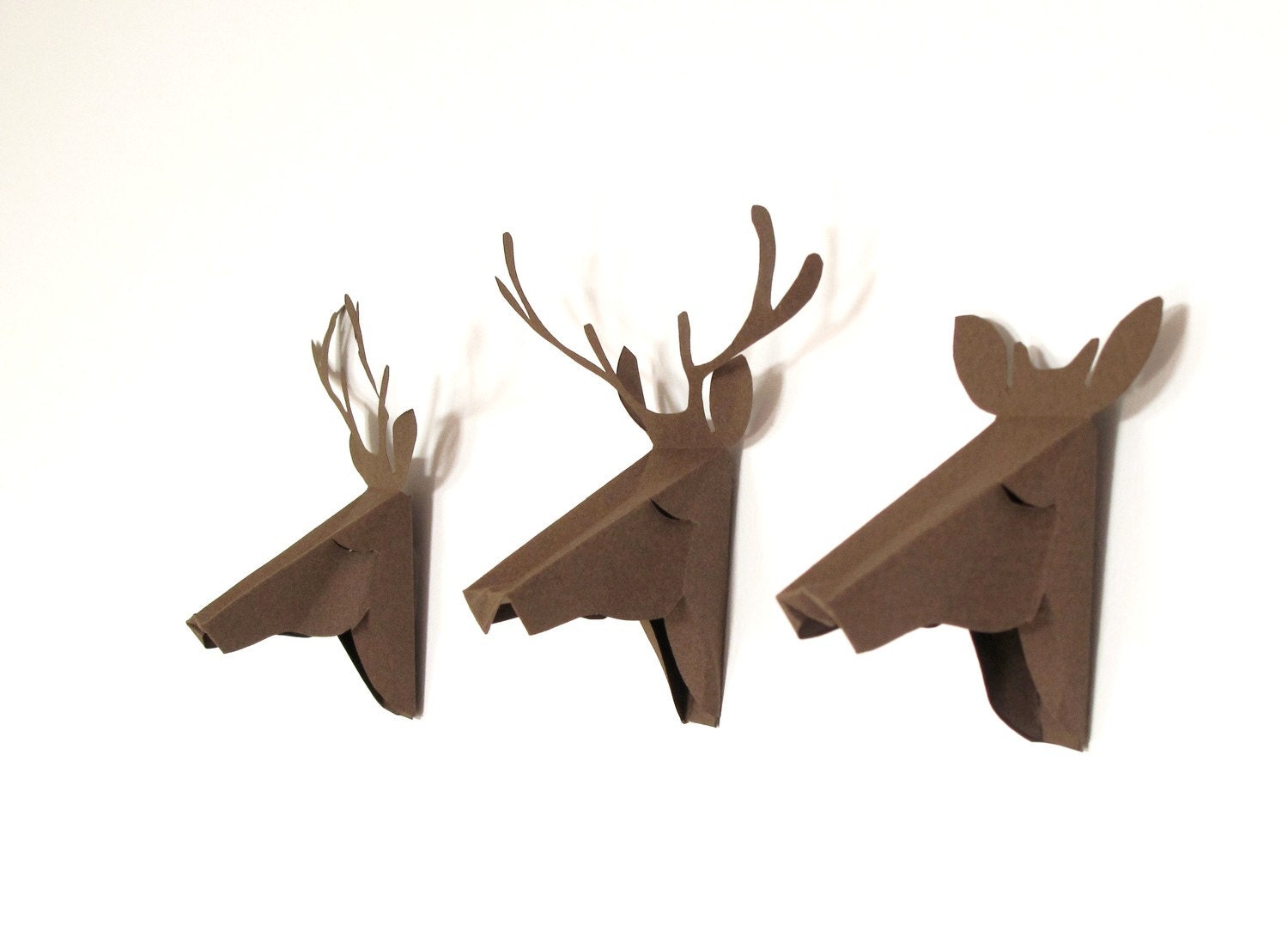 set of 3 faux deer head, faux taxidermy , greeting card, brown