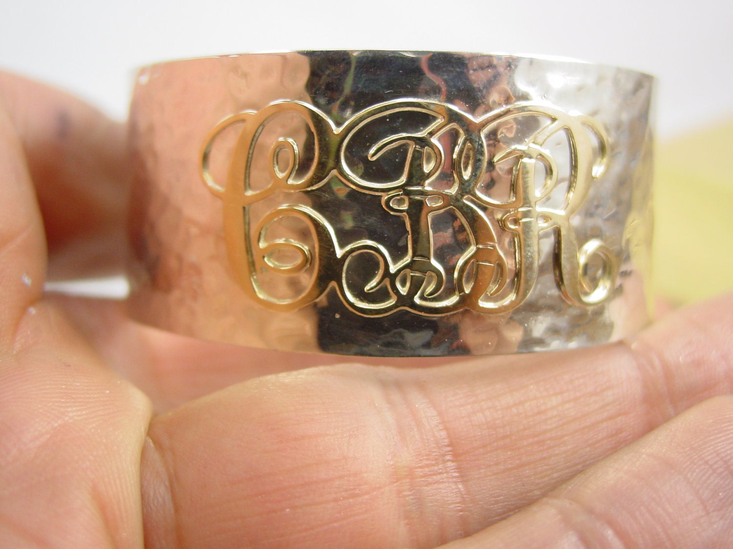 silver hammered  bangle or cuff bracelet with10 k gold initials