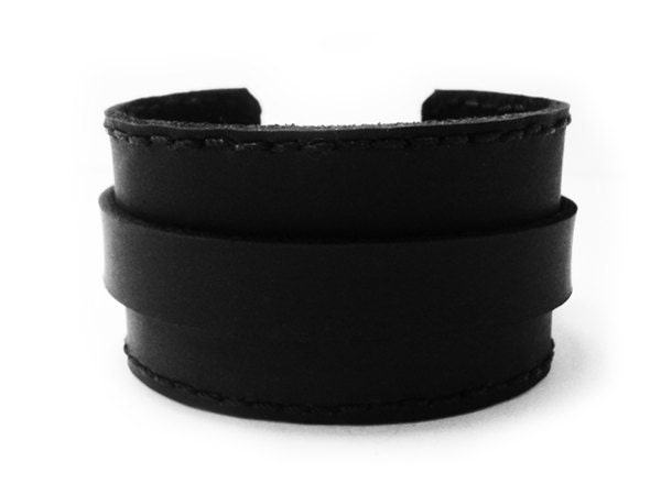 Adjustable Handmade Distresses Oil-Tanned Black Leather Suede 1.5" Single Strap Wrist Cuff w/ Hand Sewn Stitching