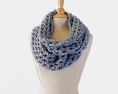 Ice Light Blue Crochet Chunky Infinity Scarf, Wool Blend Winter Fashion Accessories