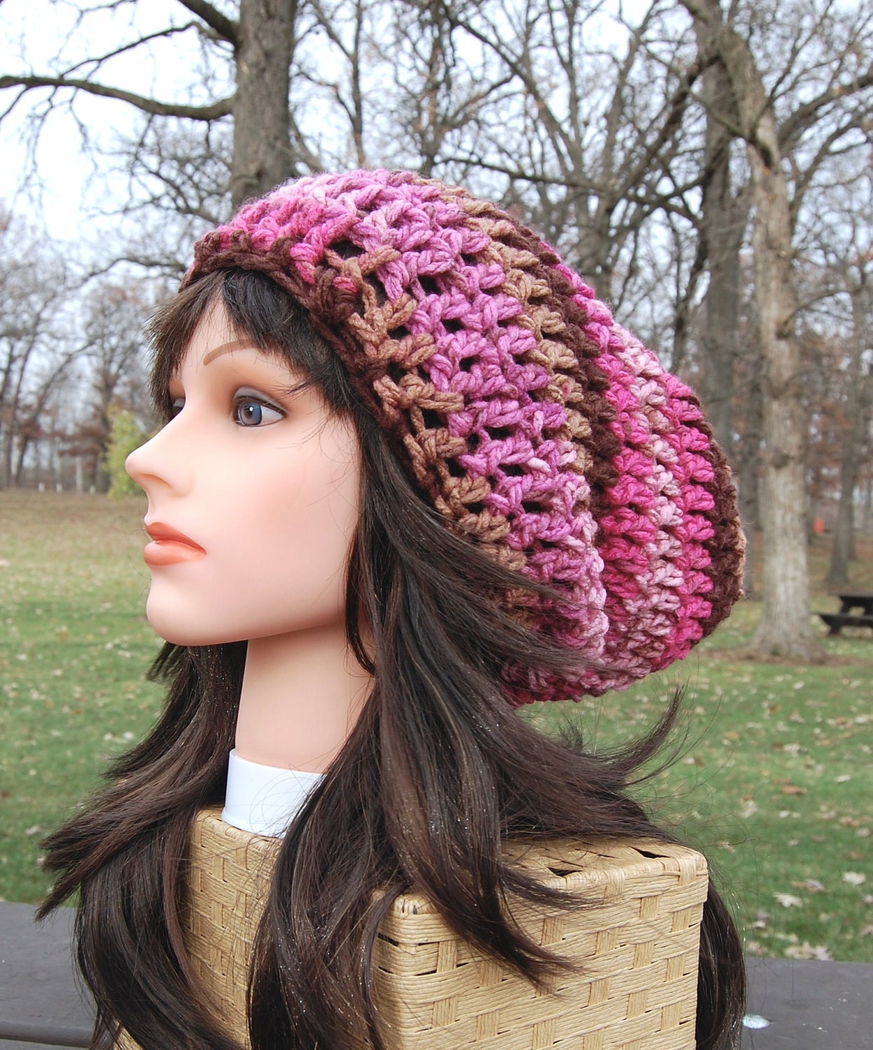 Pink Berries and Chocolate Crochet Slouchy Beanie Hat, Fall Fashion Accessiories