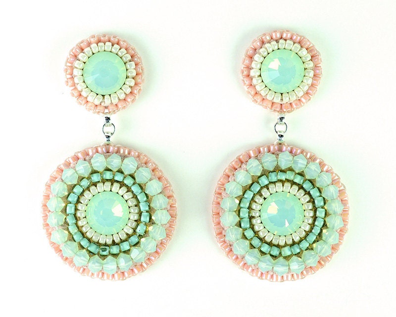 Mint peach earrings - mint coral pink swarovski crystal chandelier earrings - bridal wedding bridesmaids statement jewelry unique gift - exquisiteartistry