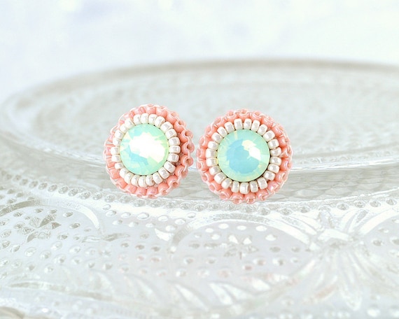 Mint peach coral ivory stud earrings - wedding bridesmaids bridal prom jewelry unique gift - swarovski spring summer delicate earrings