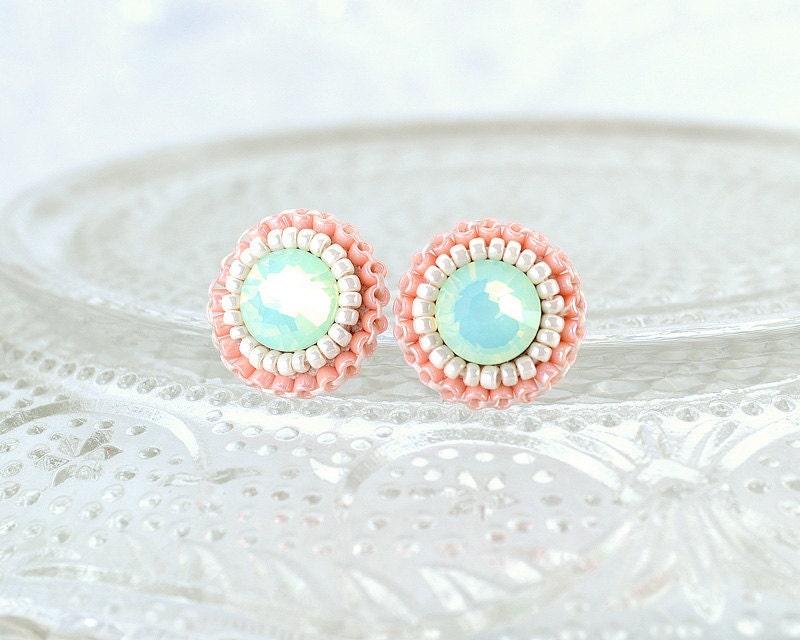 Mint peach coral ivory stud earrings - wedding bridesmaids bridal prom jewelry unique gift - swarovski spring summer delicate earrings