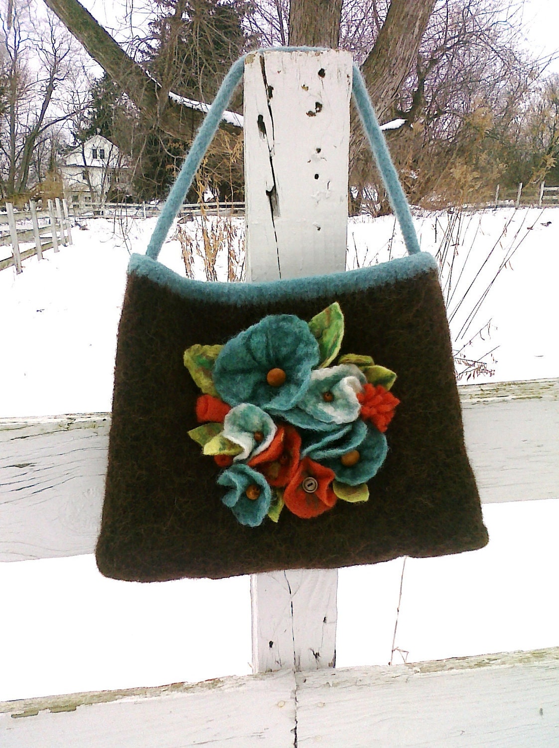 Brown and Teal Handknit Felted Purse.... handmade wet felt flowers with vintage buttons