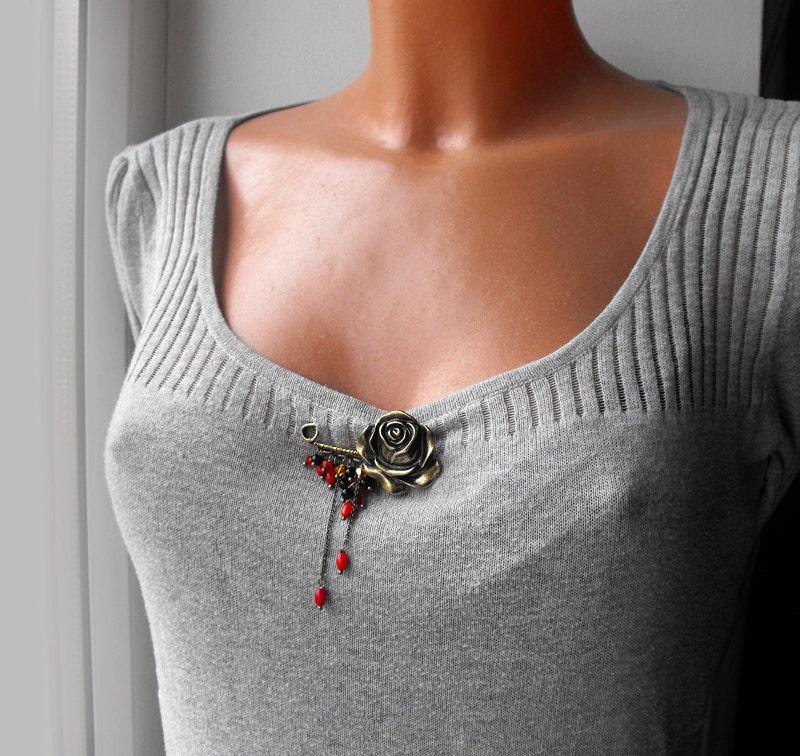 Desert rose pin brooch,kilt pin,with red corals,swarovski crystals,black jade beads