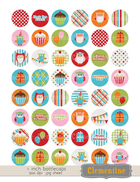 40% OFF SALE -Birthday bottle cap images, owl bottlecap images, one inch circles, royalty free- bc115- Instant Download Il_570xn