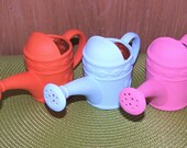 Festive Trio of Mini Terra Cotta Watering Cans Ocean Blue, Tangerine Orange, Poppy Pink - Shabby Chic, Rustic, Beach, Chippy Cottage, French Country