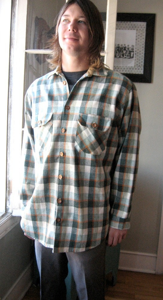 Men's Vintage Hunter Green and Orange Wool Plaid Shirt
