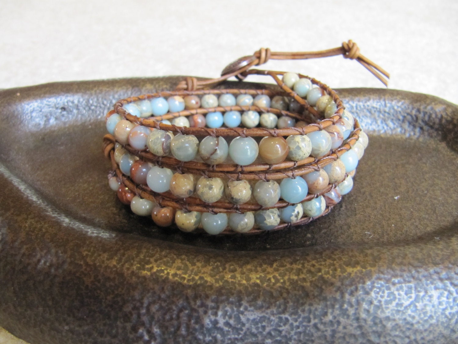 Chan Luu Style Beaded Leather Wrap Bracelet with Impression Jasper