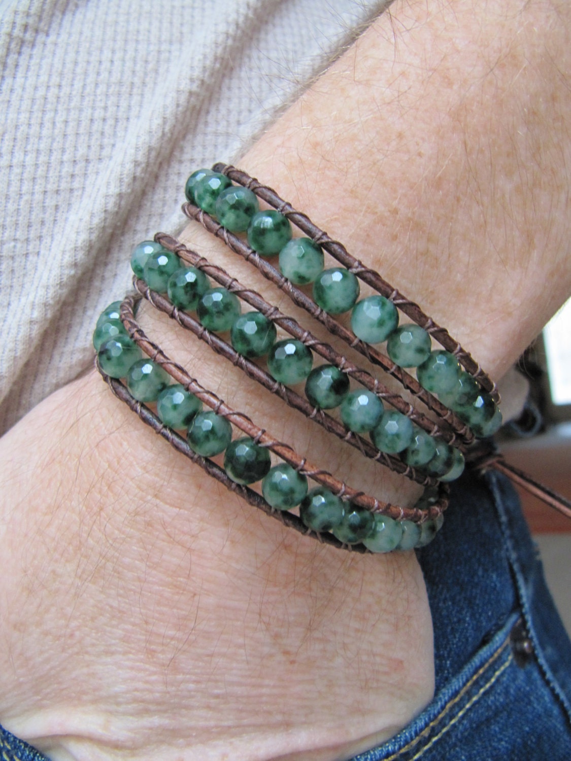Triple Beaded Leather Wrap Bracelet with Faceted Green Moss Agate - Chan Luu Style
