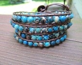 Blue Impression Jasper  Beaded Leather Wrap Bracelet with Metallic  Brown Leather