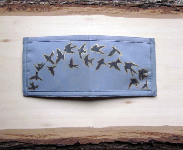 Wallet - Gold & Grey Flock of Birds - Hand-Painted Steel Blue Fabric Wallet -  One of a Kind