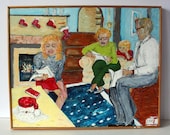 vintage painting: folk art Christmas family