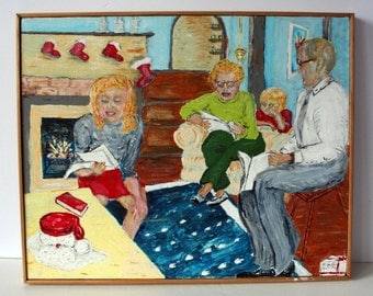 vintage painting: folk art Christmas family