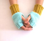 Fingerless Gloves, Wrist Warmers in Mint and Mustard Yellow
