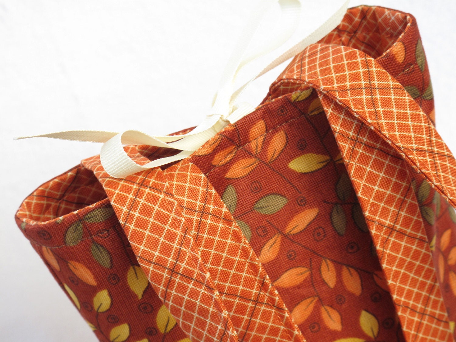 Fabric Gift Bag with Handles Small - Leaves Red Maple and Cross Hatch Pumpkin from Awesome by Sandy Gervais for Moda