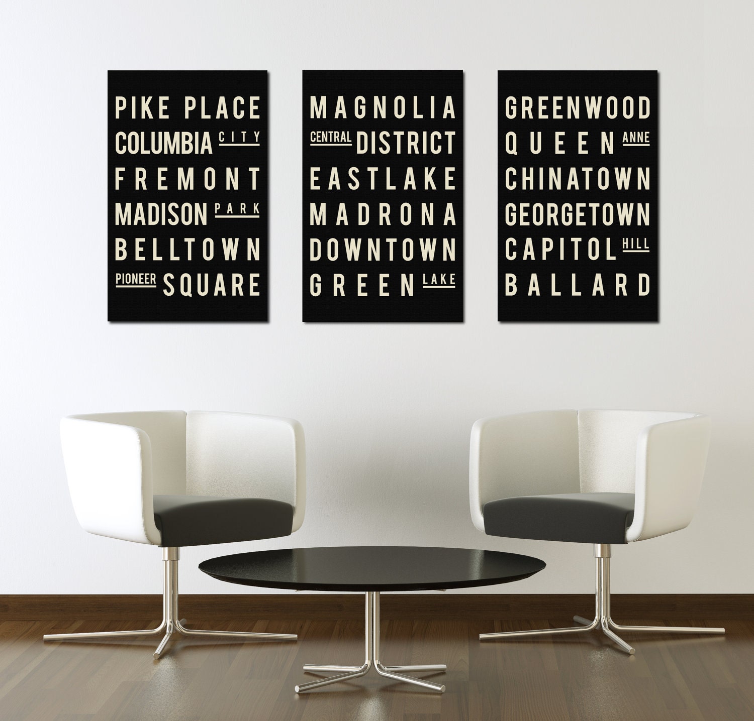 Industrial Subway Sign, Seattle Art Poster, Modern Typographic Print, City Map Style, Gift for Family Room, Quote Art, Set of 3