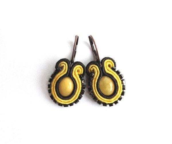 Baltic amber old fashion hand embroidered earrings, retro, yellow, brown - soStudio
