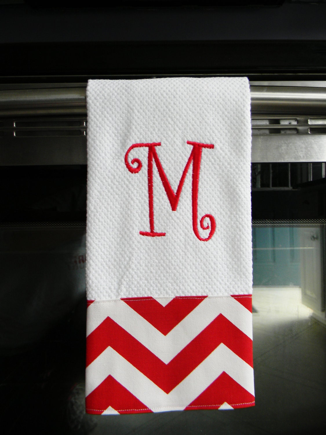 Monogrammed Chevron Kitchen Towel or Hand Towel - Lipstick Red and White