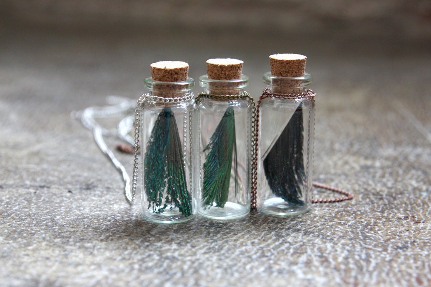 Peacock Spear Feather Glass Bottle Specimen Pendant