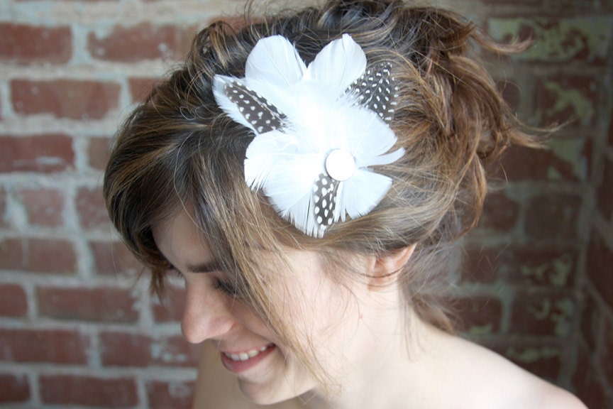 Winter White Wedding Fascinator with Guinea Hen Feathers
