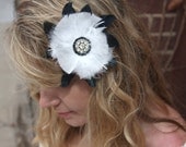 Dark Flower Black and White Hair Clip Fascinator with Rhinestone Brooch